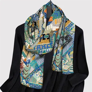 Detail of Paris city architecture print scarf styled over a black striped sweater
