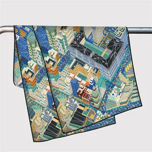 Detail of isometric Paris city architecture print on twill scarf with fine black edges