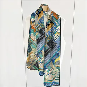 Detail of Paris city architecture print on twill scarf draped on a wooden hanger