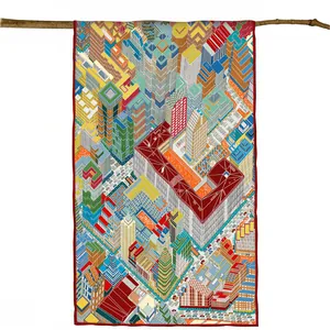 Macro detail of twill scarf featuring a colorful isometric Paris city architectural map