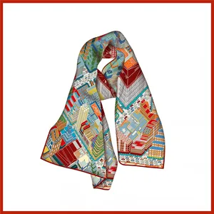 Detailed close-up of silk scarf showing Paris city architecture prints and red hem