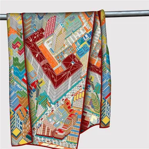 Detailed view of Paris cityscape print on high-quality silk scarf with red rolled edges