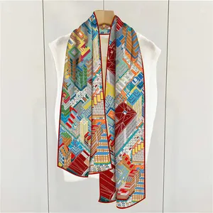 Detail of Paris architecture print silk scarf with red stitched edges on a hanger