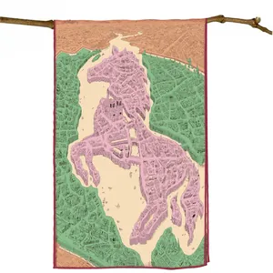 Horse-shaped city map wall hanging tapestry with pink and green fabric art design