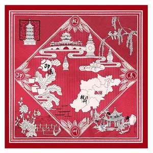 Rotes 90cm Seidentuch mit Vintage Westsee-Landschaft und traditionellen Blumenmustern