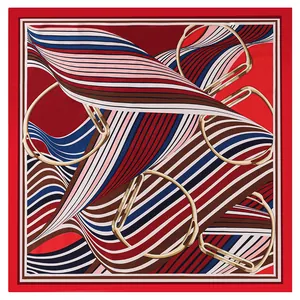 French style 90cm geometric horse bit print silk scarf in red and navy blue stripes