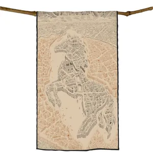 Detail view of the vintage horse-shaped Paris map tapestry with cotton linen texture