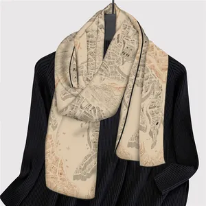 Close-up of the elegant city map print on a silk-like scarf with rolled edges