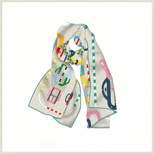 French style silk scarf with colorful harness pattern and white polka dots on light grey