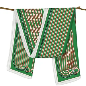 Dark green silk scarf with geometric chain pattern and hand-rolled edges for women
