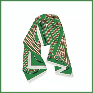 Luxurious dark green silk scarf featuring geometric stripes and equestrian belt patterns