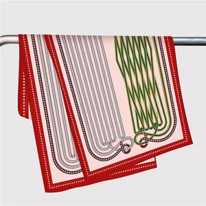 French style geometric striped silk scarf with red polka dot borders and smooth drape