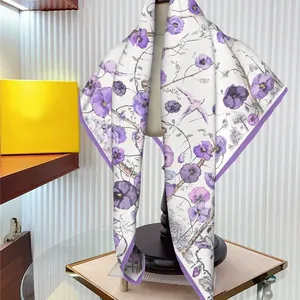 90cm French style twill silk scarf featuring purple floral and bird patterns on white