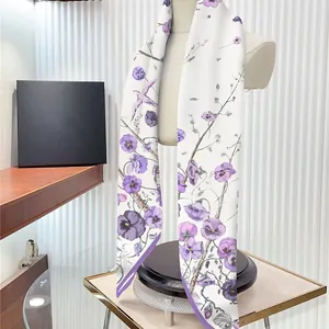 90cm silk-like twill scarf with purple jungle floral and bird prints on pearl white base