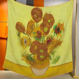 Detail of Van Gogh Sunflowers scarf showing fabric texture and orange stitched edges