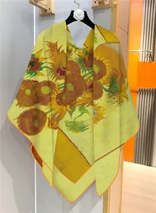 Detail of silk-feel scarf with Van Gogh sunflower oil painting print on a hanger