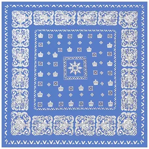 Blauwe zijden vierkante sjaal met geometrische kroon en barokke florale details in vintage stijl