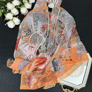 Elegant 130cm Georgette scarf with giraffe floral print and orange tropical palm patterns