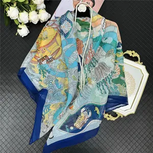 Women Large Square Scarf Georgette Shawl Sun Protection Beach Vacation Marine Ocean Seahorse Pattern Elegant French Chic Headscarf