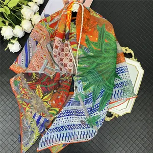 Écharpe 130cm en soie georgette avec imprimés floraux et tropicaux pour protection solaire
