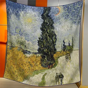 Detail of Van Gogh Starry Night art tapestry with dark blue stitched edges and soft drape