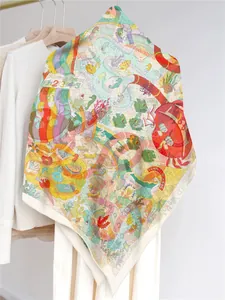 Close-up of georgette square scarf featuring hand-drawn Paris illustration and rolled edges