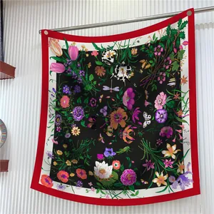 Elegant floral silk square scarf with vintage butterfly print on black and red borders