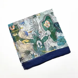 French georgette shawl with blue underwater world print and tropical summer patterns