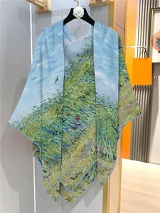 Detail of artistic Van Gogh style oil painting print on lightweight silk shawl scarf
