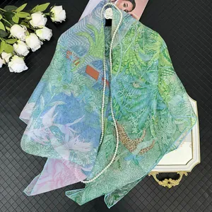 Elegant Georgette Square Scarf For Women Tropical Jungle Botanical Print Sun Protection Large Shawl Wrap Lightweight