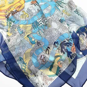 French georgette shawl with blue and yellow hand-painted underwater world patterns