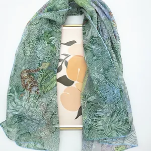 Lightweight georgette scarf with tropical rainforest snake print for sun protection