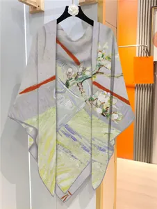 Detail view of Van Gogh Almond Blossoms printed shawl with elegant fabric texture