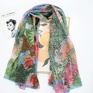 Premium 130cm georgette silk shawl featuring vibrant jungle plant and horse prints
