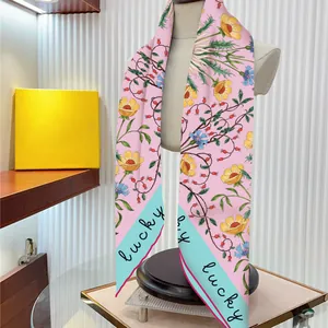 French style sunflower floral twill silk scarf draped on a mannequin with lucky text