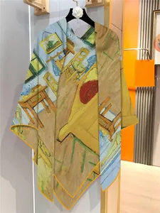 Detail of Van Gogh painting scarf showing Bed in Arles print and orange stitched edges