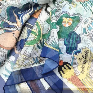 Close-up of lightweight georgette scarf with vibrant sea world and ice cream prints