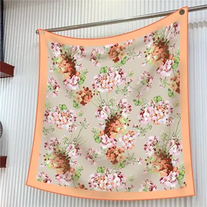 Geranium Floral Print Satin Square Scarf For Women Elegant Sun Protection Neck Wrap Decorative Hanging Cloth Shawl Accessories