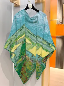 Detail of artistic oil painting print scarf with fine dark green hemmed edges and texture