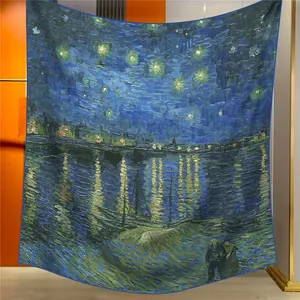Detail of Starry Night Over the Rhone oil painting print on long fashion silk scarf