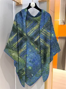 Detail view of Van Gogh style oil painting print on premium soft blue silk-like shawl scarf