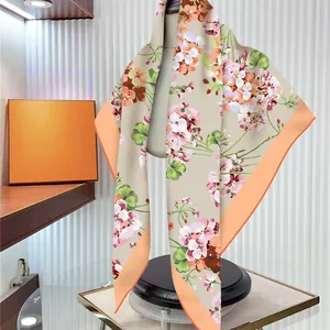 Floral geranium print silk scarf for women with orange border and twill texture 90cm
