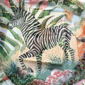 Detailed jungle zebra print on georgette silk shawl with stylized tropical plants