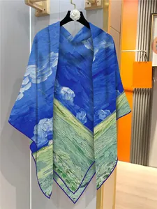 Close-up of Van Gogh oil painting print on silk scarf with purple rolled edge details
