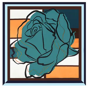 90cm square silk scarf featuring a large cyan rose with geometric patterns and striped borders