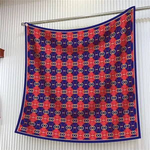 Women Vintage Satin Square Scarf Interlocking Ring Print Professional Neck Scarf Red Navy Blue Silky Decorative Scarf For Office Travel
