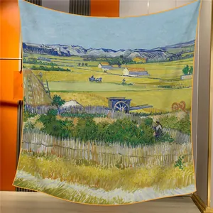Detail of The Harvest oil painting wall tapestry with digital print and orange border