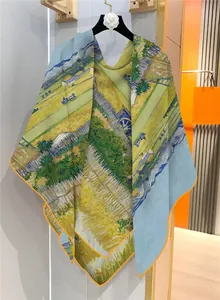 Detail of Van Gogh Harvest painting print on silky shawl with orange rolled edges