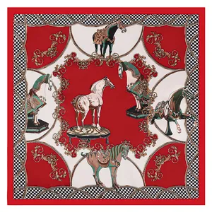 90cm French vintage equestrian square silk scarf featuring horse motifs and red borders