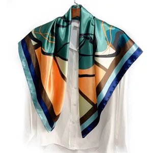Elegant 90cm geometric satin scarf with abstract patterns for women travel and sun protection